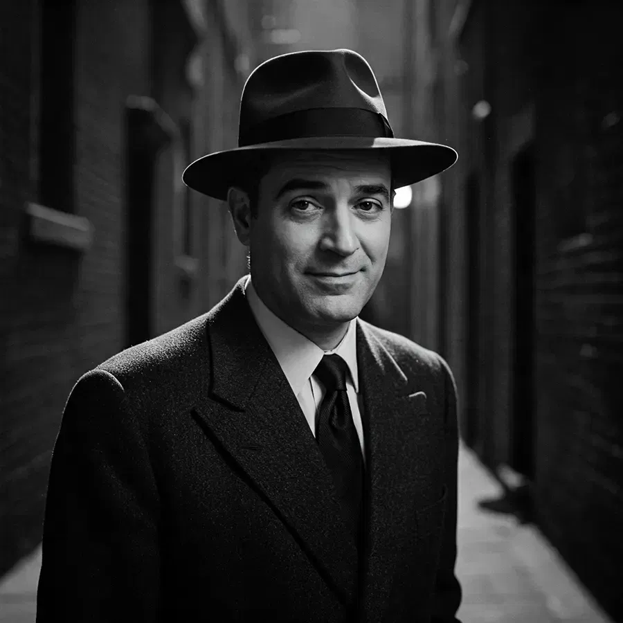 Fedora-Hut für Herren – Stilvoller Retro-Charme mit moderner Eleganz Schwarz-weiß Porträt eines Mannes mit Fedora-Hut und Anzug in einer schmalen Gasse.
