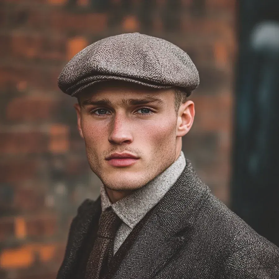Elegante Schirmmütze im Fischgrätmuster – Klassischer Look für Herren Junger Mann mit brauner Schirmmütze im Fischgrätmuster, kombiniert mit Tweed-Sakko und Krawatte.