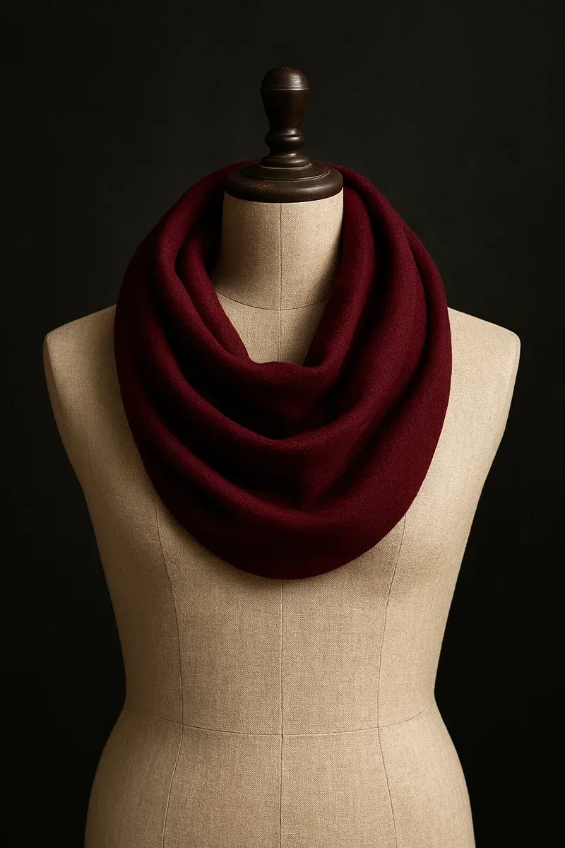 Weinroter Herrenschal – Loop-Design für stilvolle Winter-Looks | Rockhats Schneiderpuppe mit weinrotem Loop-Schal aus Wolle vor dunklem Hintergrund