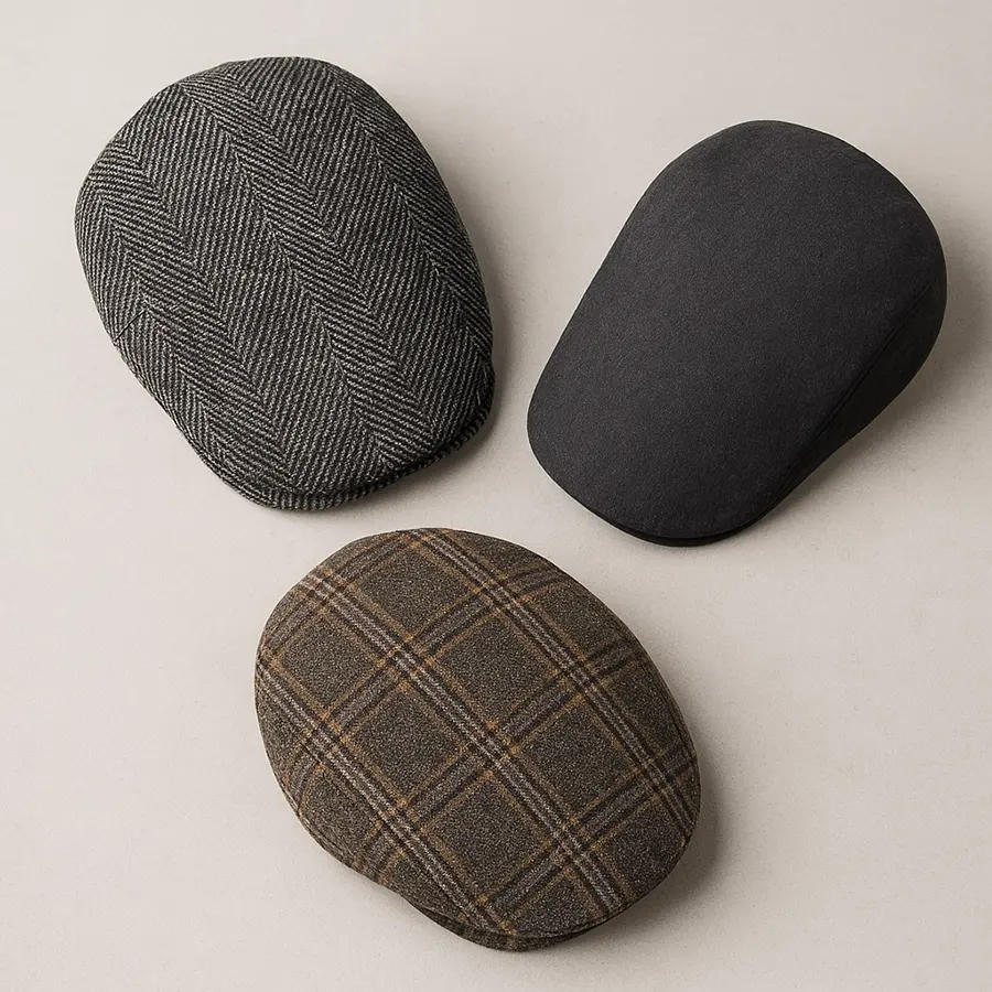 Schiebermützen für Herren – Elegante Flatcaps in modernen Designs Drei Schiebermützen in Fischgrät- und Karomuster sowie in unifarbenem Schwarz, von oben fotografiert.