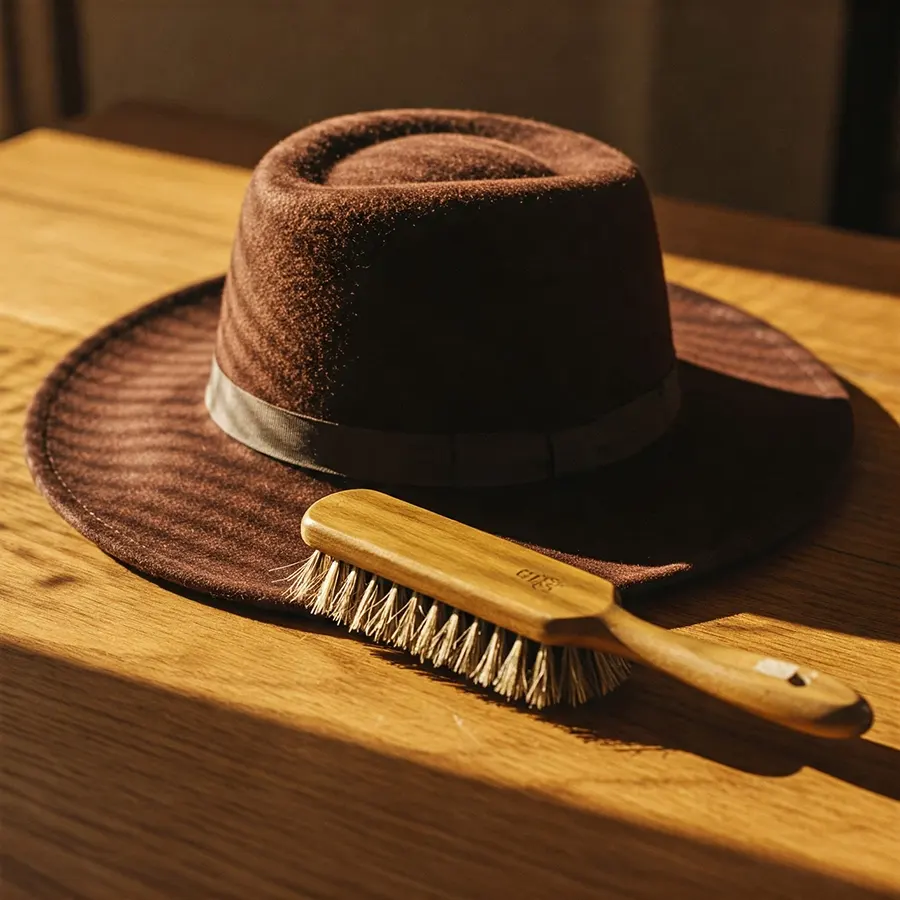Hutpflege für Herren – Filzhüte richtig reinigen und stilvoll erhalten Brauner Filzhut mit grauem Band auf einem Holztisch, daneben eine hochwertige Hutbürste mit Holzgriff.