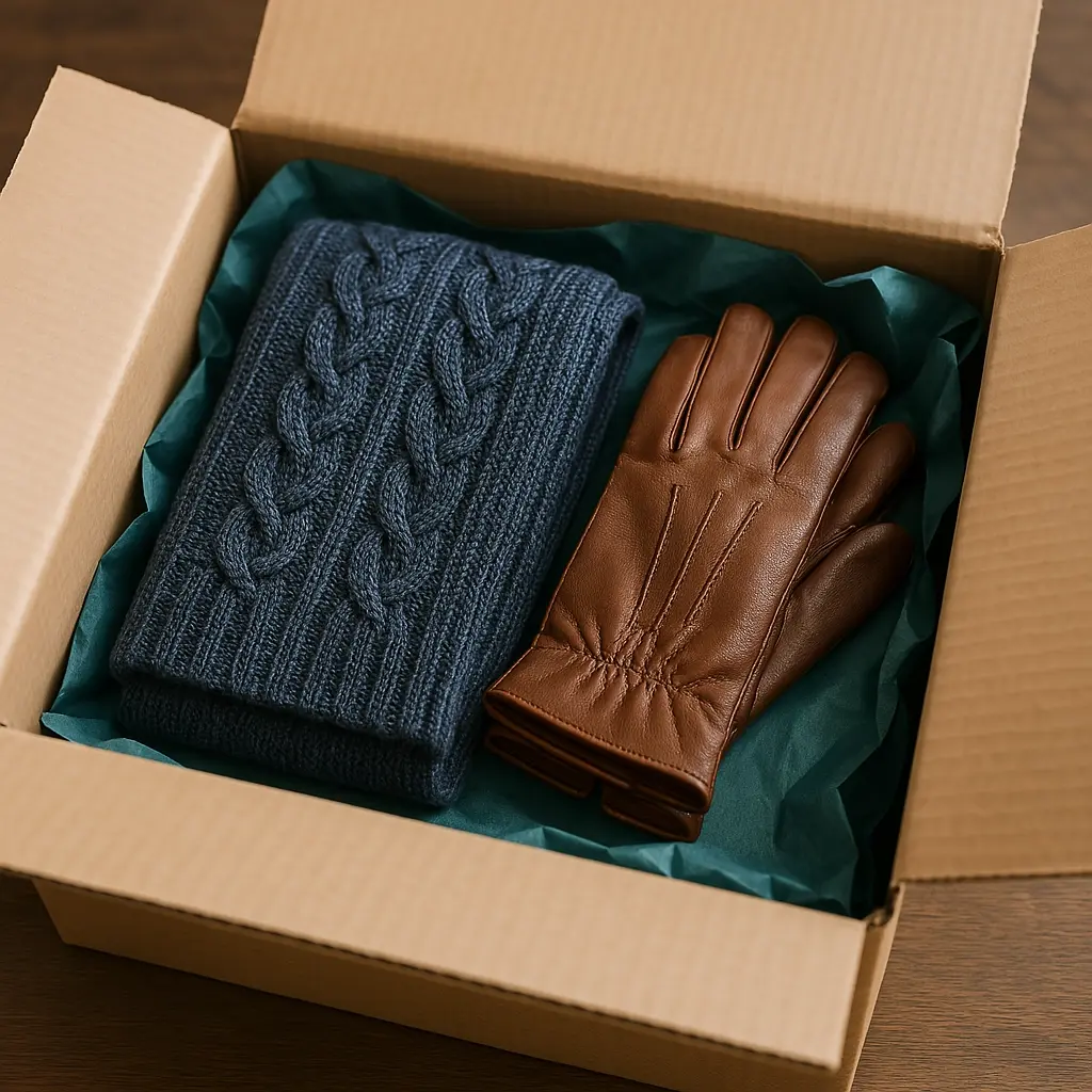 Rockhats Versandservice – stilvoll verpackte Accessoires für Herren Geöffneter Versandkarton mit dunkelblauem Zopfmuster-Schal und braunen Lederhandschuhen auf petrolfarbenem Seidenpapier