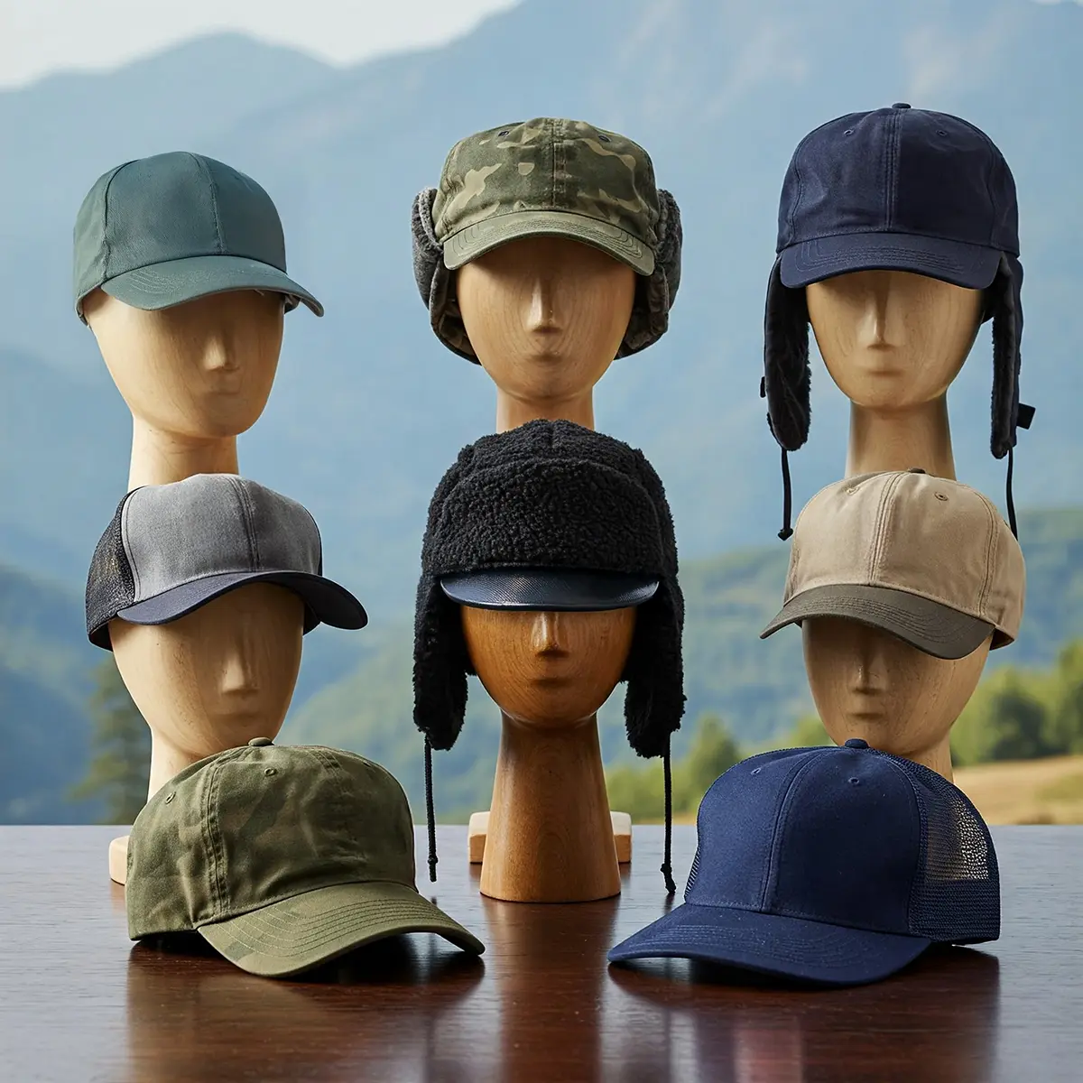 Herren-Caps in großer Vielfalt – Funktionalität und Stil für jede Jahreszeit Auswahl an Herren-Caps und Wintermützen auf Holzmodellen vor alpiner Bergkulisse – von Trucker Caps über Ohrenklappen-Designs bis zu klassischen Basecaps.