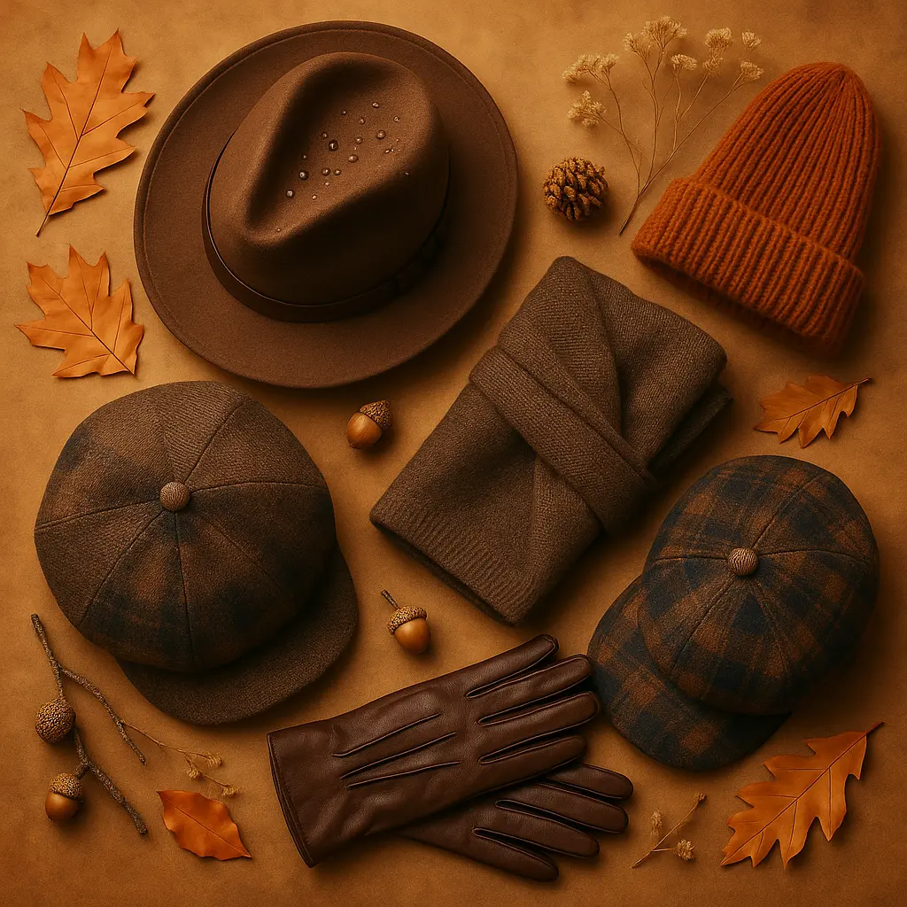 Herbstliches Flatlay mit braunem Traveller-Hut mit Regentropfen, zwei karierten Ballonmützen, braunen Lederhandschuhen, Strickmütze und Wollschal auf braunem Untergrund mit herbstlicher Dekoration.