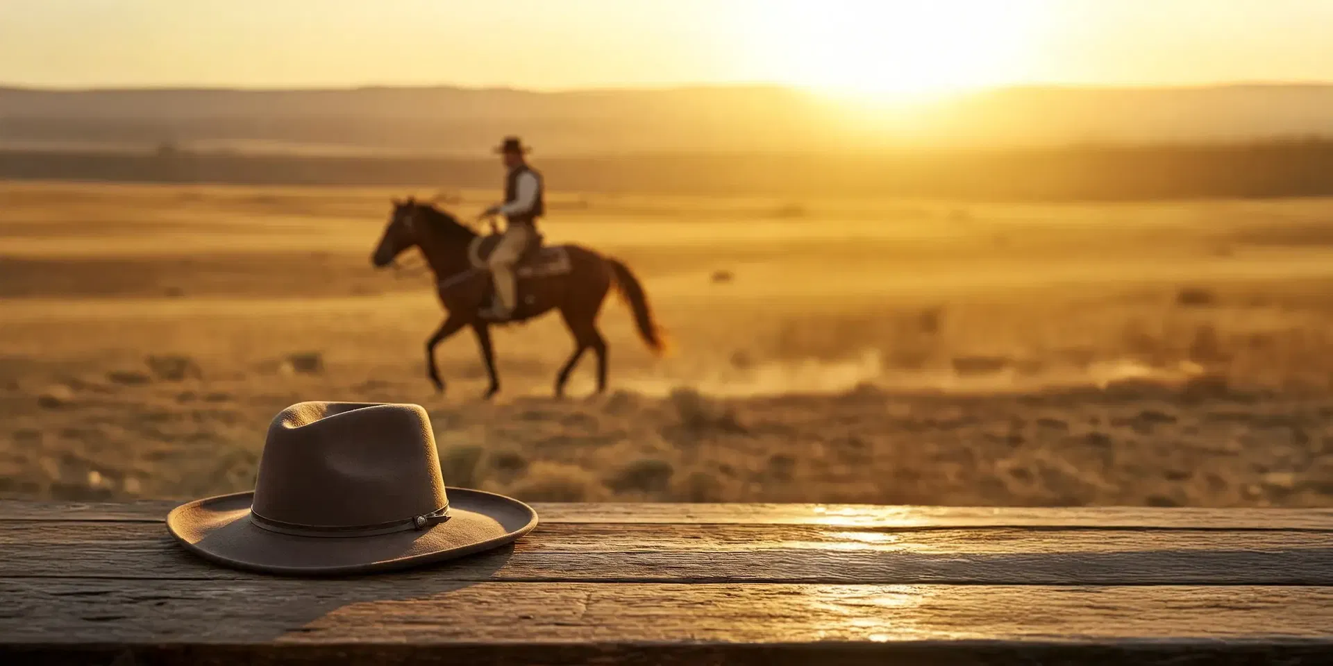Klassischer Stetson Cowboyhut – Authentisch & ikonisch im Western-Stil Cowboyhut liegt auf Holztisch bei Sonnenuntergang, Reiter im Hintergrund