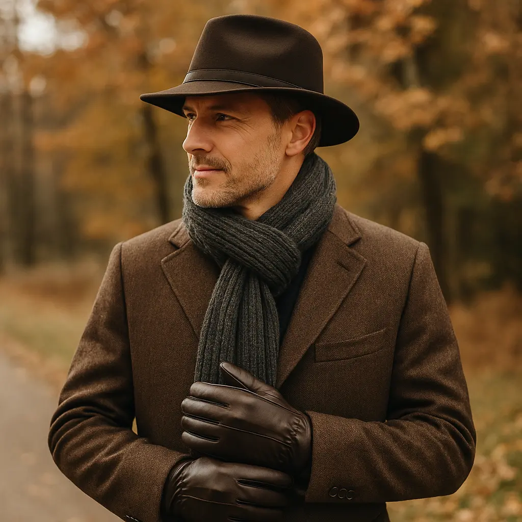 Eleganter Mann mit braunem Wollmantel, dunkelbraunem Fedora-Hut, grauem Schal und braunen Lederhandschuhen in herbstlicher Waldkulisse.