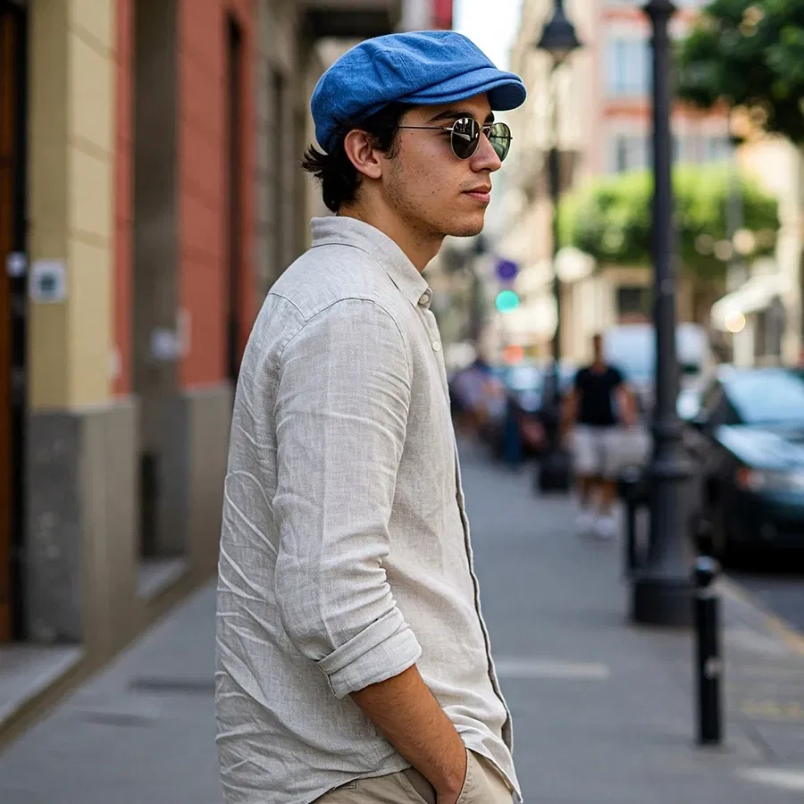 Leichte Schirmmütze für den Sommer – Luftige Styles für warme Tage Mann in heller Leinenkleidung mit blauer Schirmmütze und Sonnenbrille auf einer sonnigen Stadtstraße.