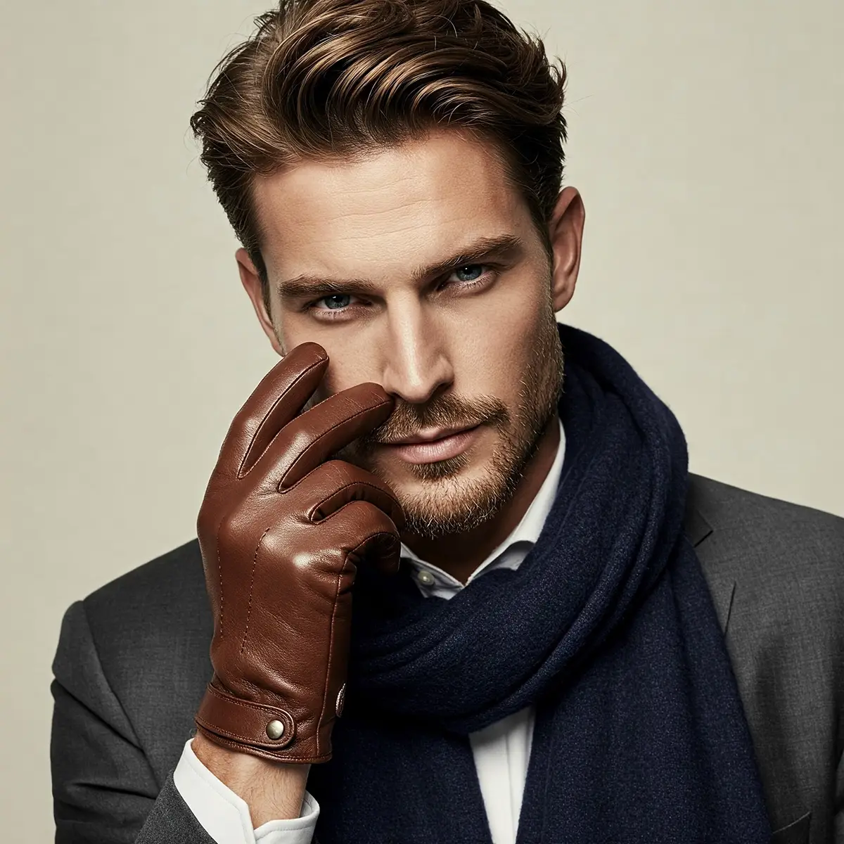 Elegante Lederhandschuhe für Herren – stilvoll kombiniert | Rockhats Mann mit braunen Lederhandschuhen und dunkelblauem Schal in stilvollem Outfit, Nahaufnahme Gesicht und Accessoires