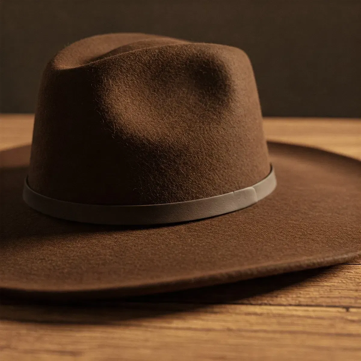 Klassischer Filzhut für Herren – Wärmender Stil für Herbst und Winter Brauner Filzhut mit breiter Krempe und farblich abgestimmtem Band auf einem Holztisch.