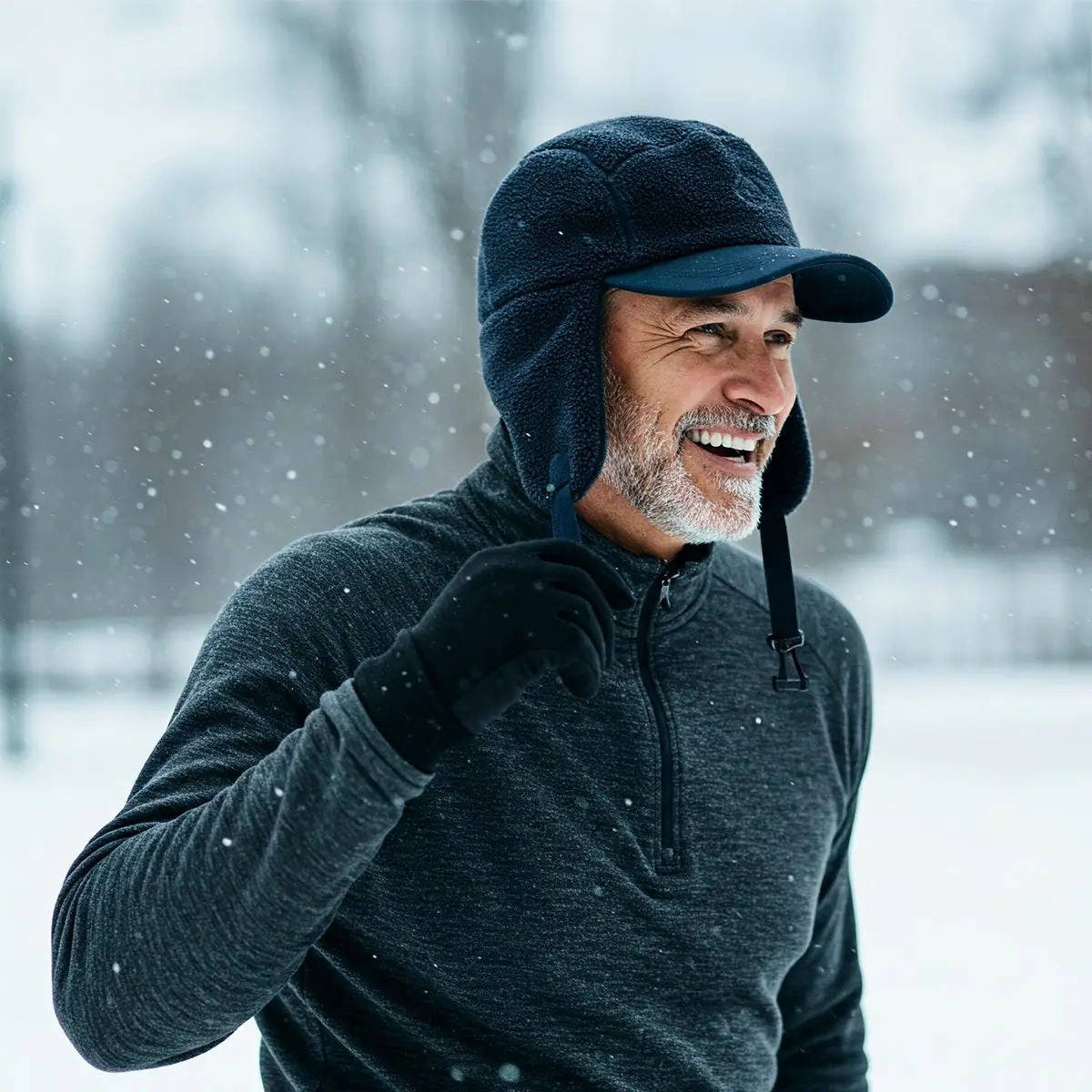 Winter-Caps mit Ohrenklappen – Wärmende Begleiter für kalte Tage Lachender Mann im Schnee mit dunkelblauer Wintercap mit Ohrenklappen und sportlichem Schnitt.