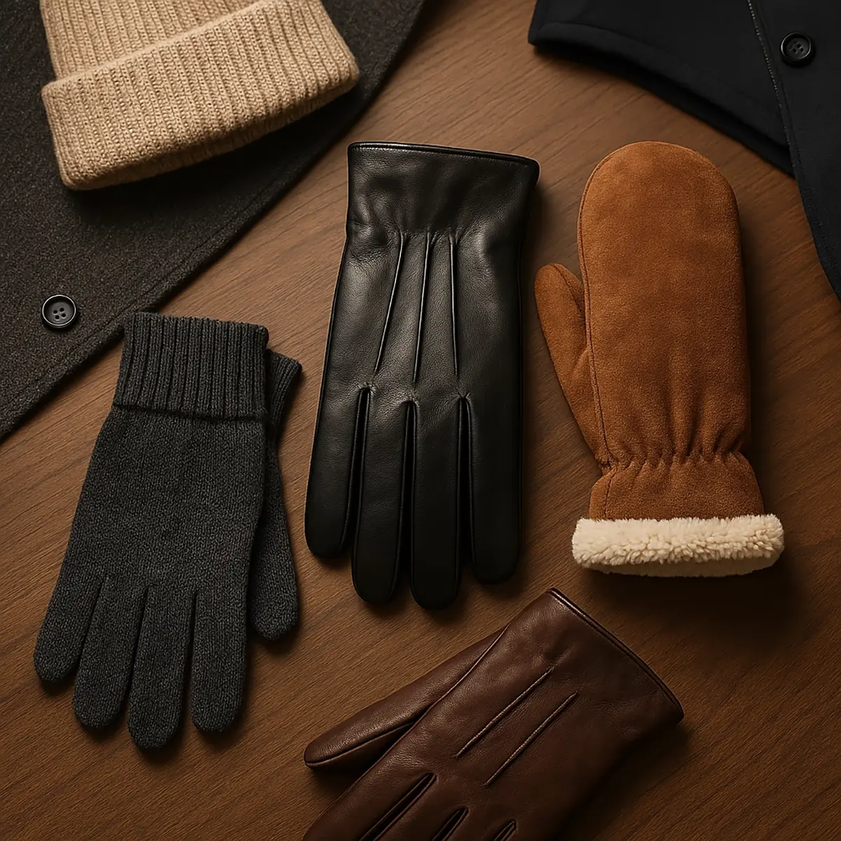 Hochwertige Herrenhandschuhe aus Leder, Strick & Lammfell | Rockhats Verschiedene Herrenhandschuhe aus Strick, Glattleder, Rauleder und Fleece in Flatlay-Ansicht mit Winteraccessoires