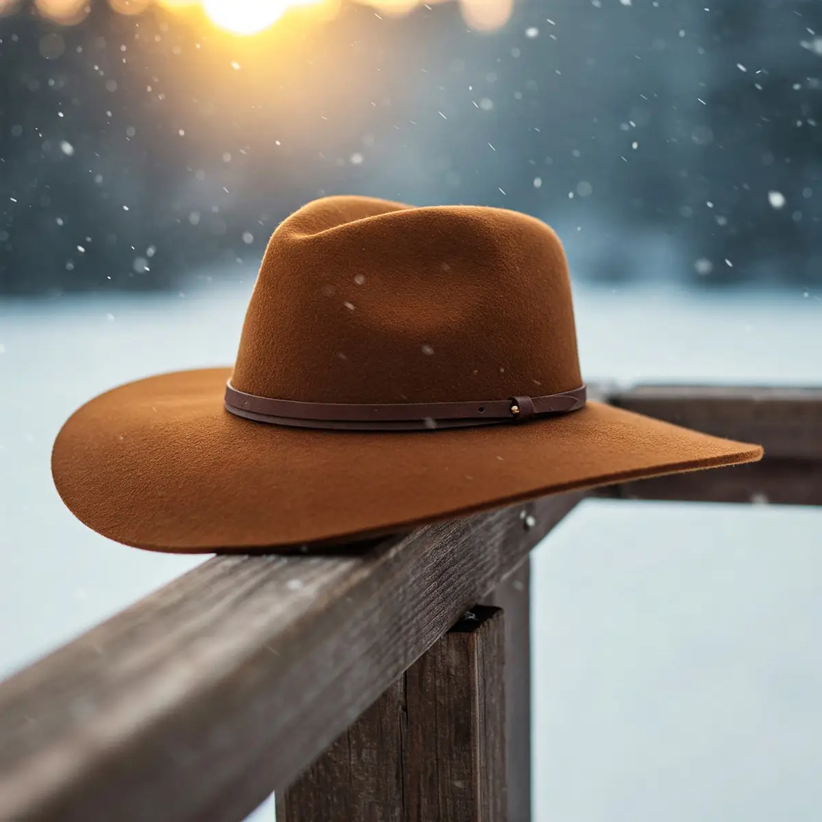 Winterhut für Damen – stilvoll durch Schnee & Kälte | Rockhats Brauner Wollhut mit breiter Krempe auf Holzgeländer im Schnee bei Sonnenuntergang