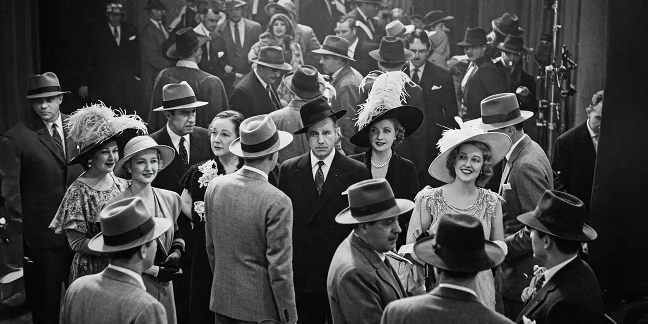 Hutmode der 1930er – Eleganz und Stil vergangener Zeiten Menschen mit Hüten auf einer stilvollen Veranstaltung im Retro-Stil
