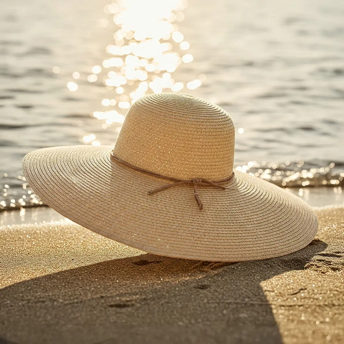 Sommerhut für Damen – luftiger Strohhut mit Stil | Rockhats Strohhut für Damen mit breiter Krempe am Sandstrand bei Sonnenuntergang