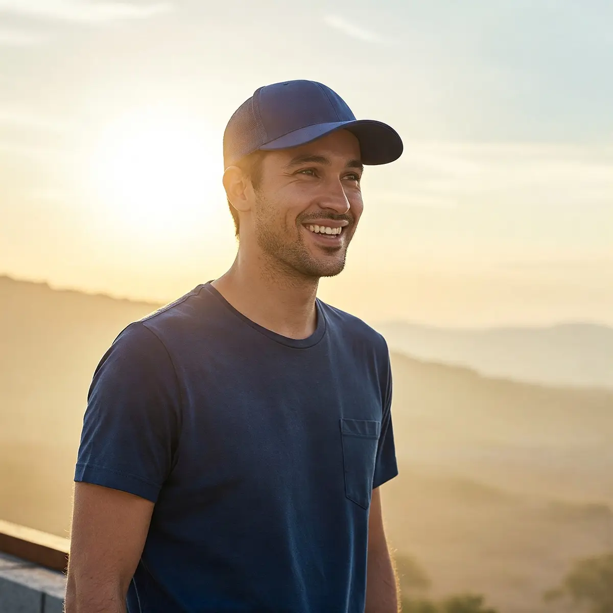 Caps mit UV-Schutz – Leichter Sonnenschutz für aktive Sommertage Mann bei Sonnenuntergang mit dunkelblauer UV-Schutz-Cap und T-Shirt, lachend in sommerlicher Landschaft.