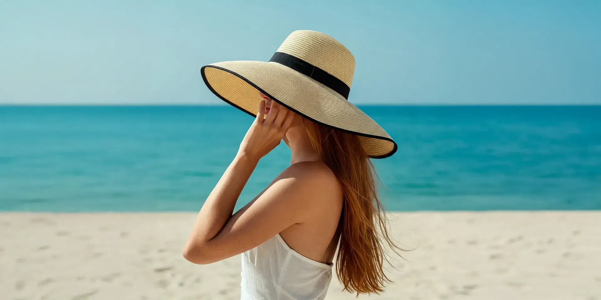 Sommerhut für Damen – idealer Sonnenschutz am Strand Frau mit breitem Strohhut am Strand, Blick aufs Meer