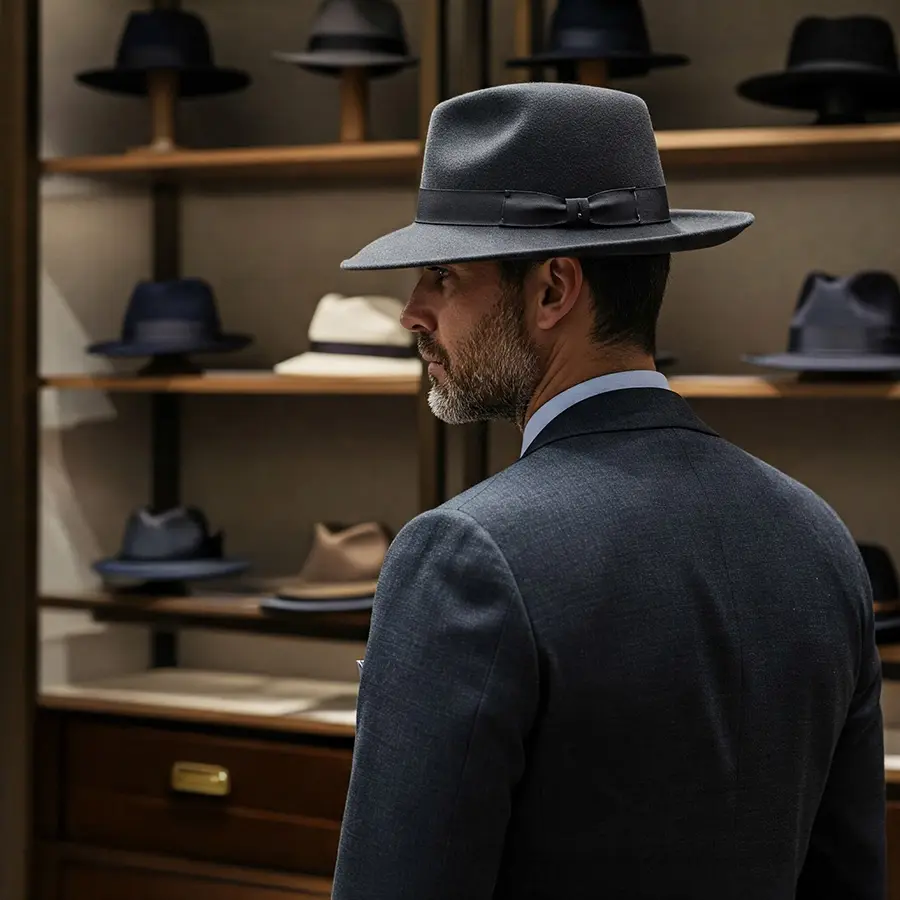 Fedora-Hüte für Herren – Zeitlose Eleganz und exklusive Auswahl im Herrenhut-Sortiment Eleganter Mann mit grauem Fedora-Hut in einem stilvollen Hutgeschäft vor einem Regal mit hochwertigen Herrenhüten.