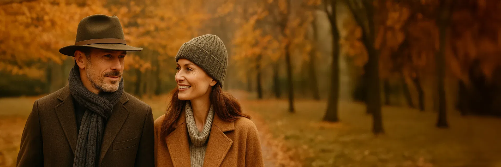 Paar im Herbstwald mit stilvollen Mützen, Hut, Schal und Mantel – perfekte Accessoires für kühle Tage